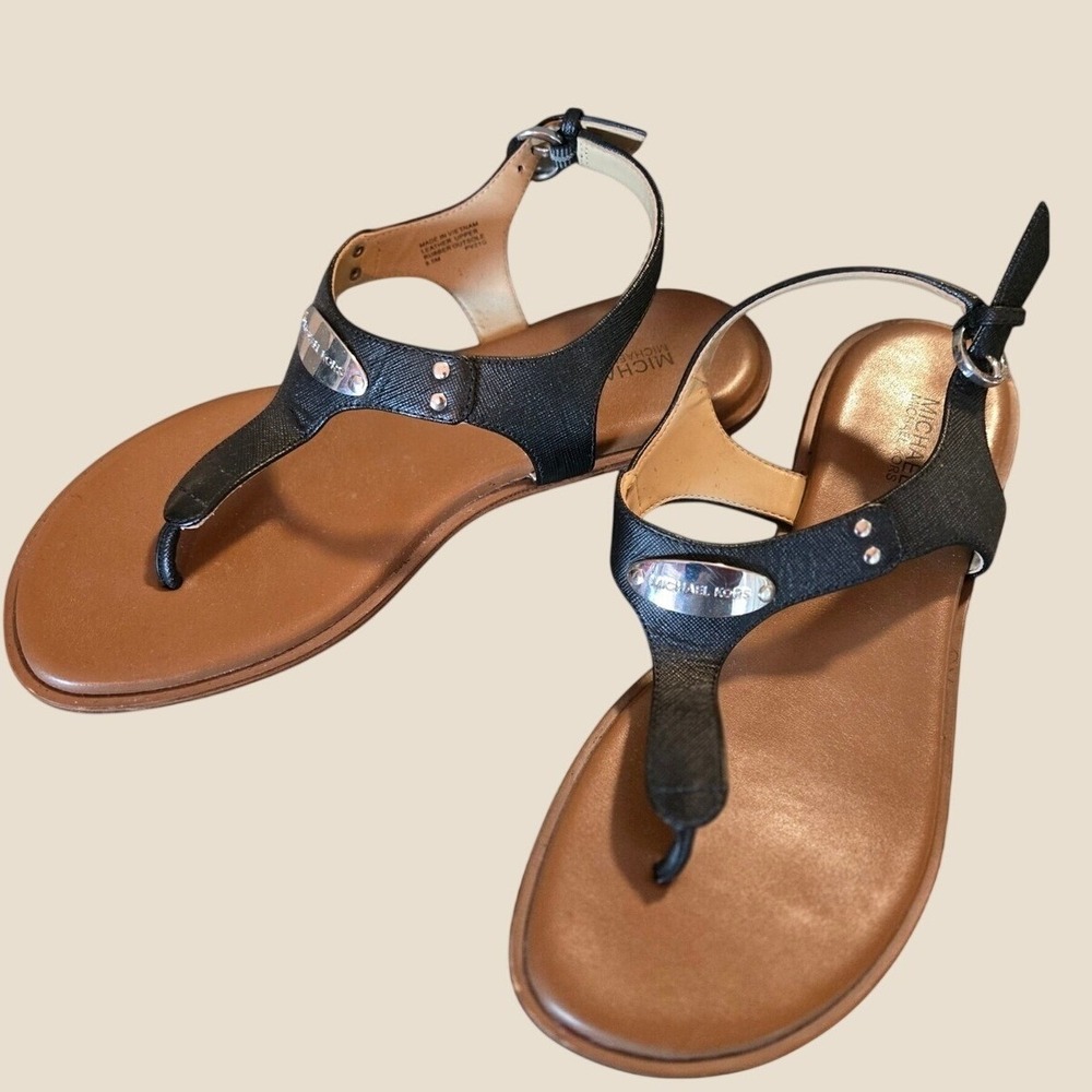 Michael Kors T Strap Flat Sandals Black Leather Logo Plate Women's Size‎ 8.5